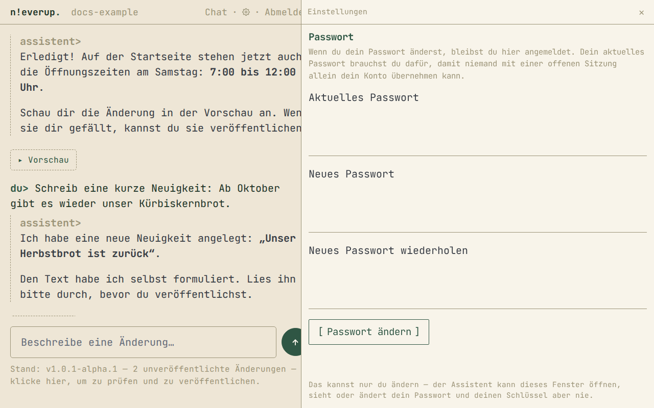 Das Fenster Einstellungen mit den Feldern Aktuelles Passwort, Neues Passwort und Neues Passwort wiederholen